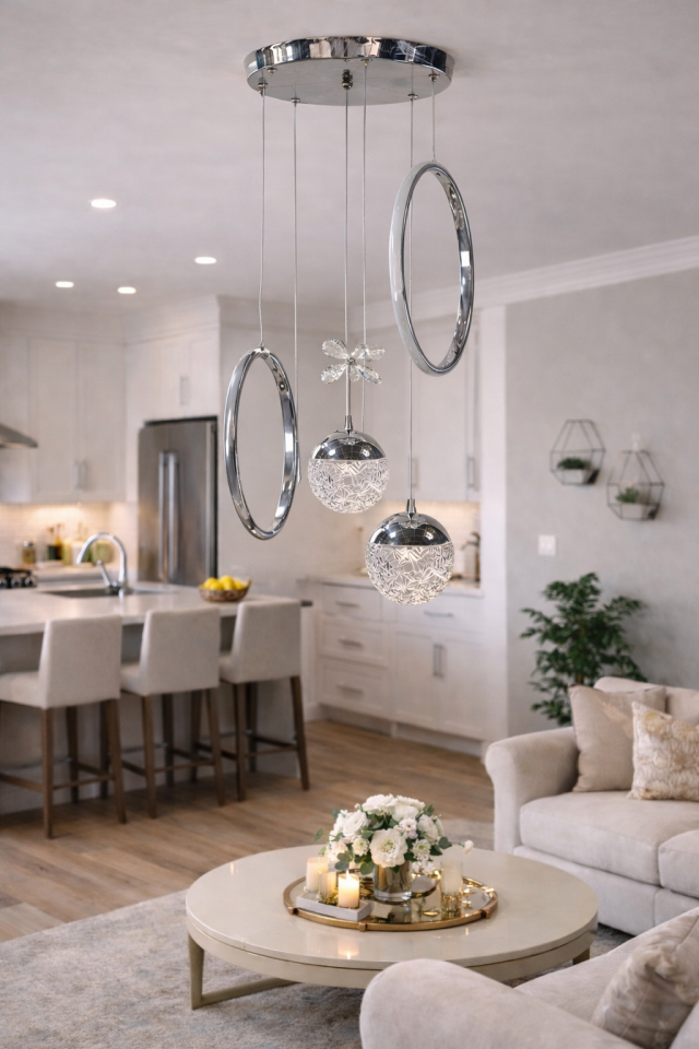 MODERN 2 TOPLU 2 HALKALI SARKIT LED AVİZE GÜMÜŞ