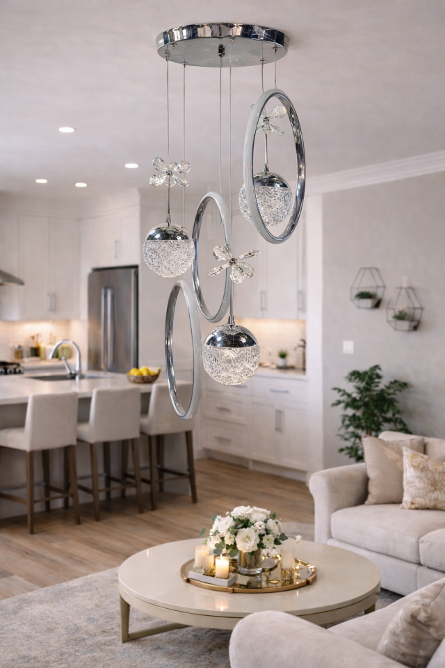 MODERN 3 TOPLU 3 HALKALI SARKIT LED AVİZE GÜMÜŞ