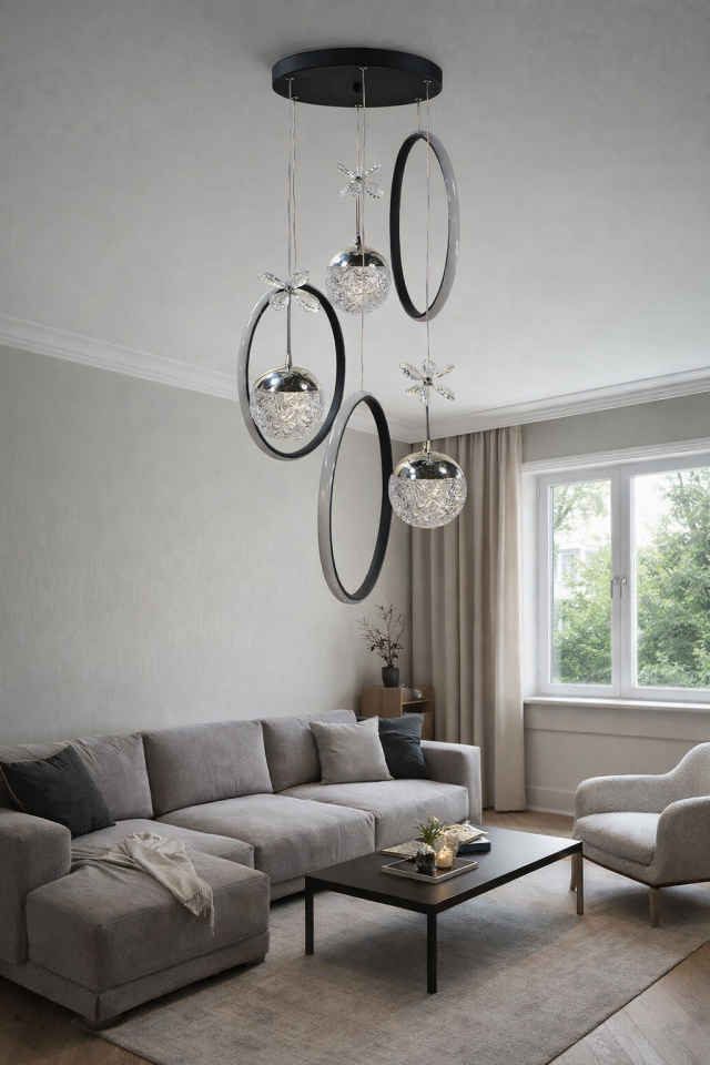 MODERN 3 TOPLU 3 HALKALI SARKIT LED AVİZE SİYAH