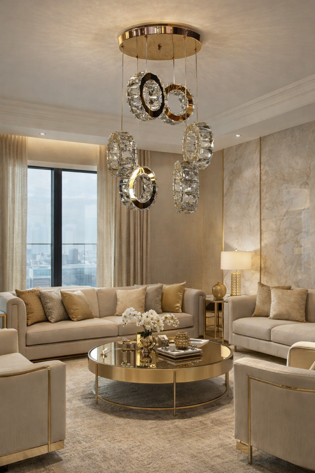 KRİSTAL TAŞLI 5 Lİ DAİRE MODEL SARKIT AVİZE GOLD