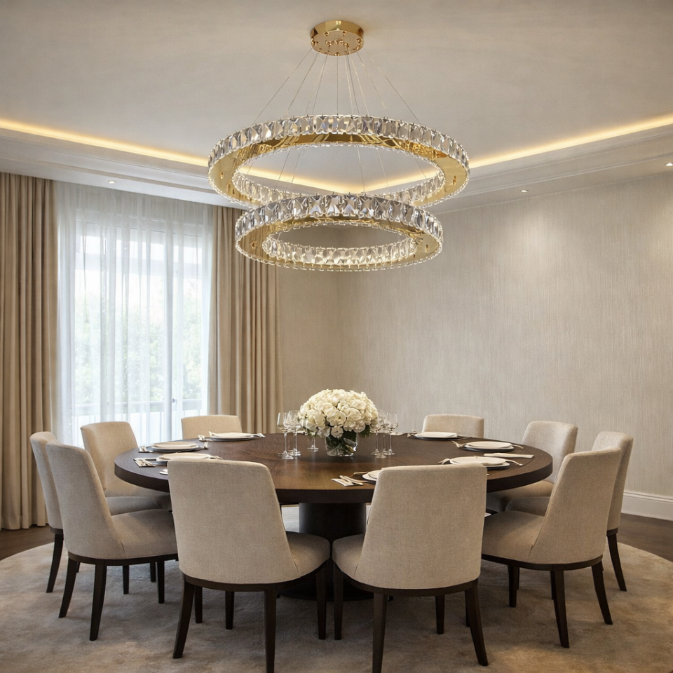 YENİ KRİSTAL TAŞLI 2 KATLI DAİRE MODEL LED AVİZE GOLD