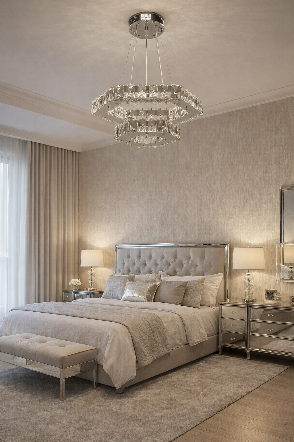 KRİSTAL TAŞLI LEDLİ 2 KATLI ALTIGEN AVİZE GÜMÜŞ RENK