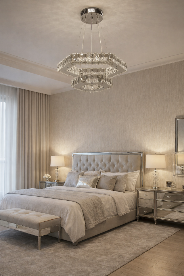 KRİSTAL TAŞLI LEDLİ 2 KATLI ALTIGEN AVİZE GÜMÜŞ RENK