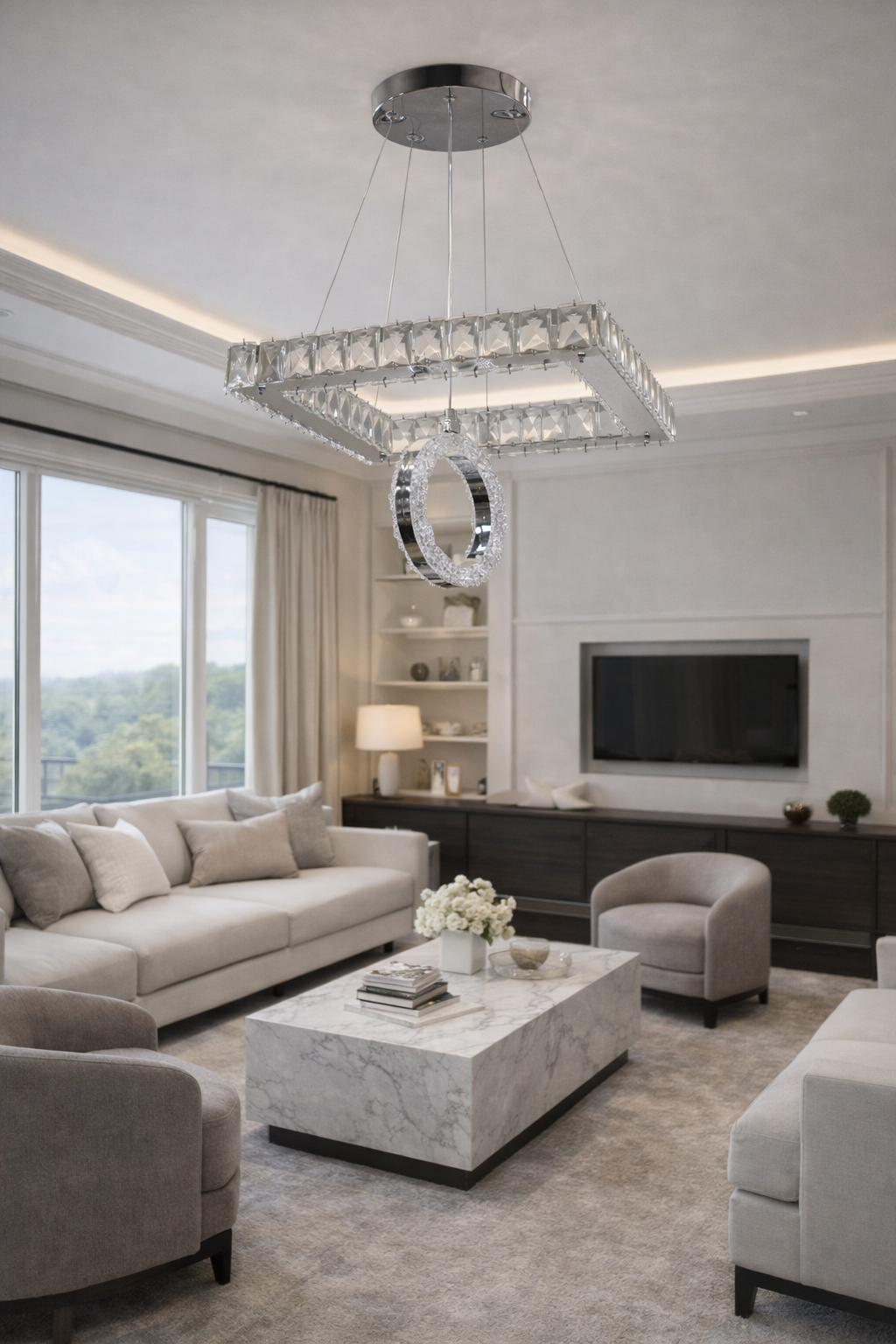 KRİSTAL TAŞLI TEK KATLI KARE, HALKALI LED AVİZE GÜMÜŞ