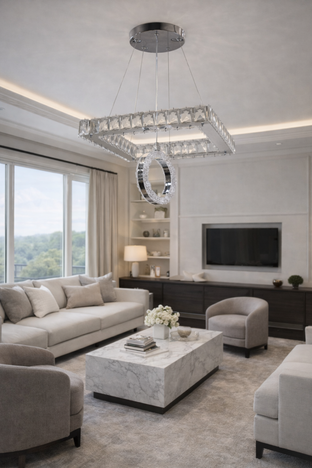 KRİSTAL TAŞLI TEK KATLI KARE, HALKALI LED AVİZE GÜMÜŞ