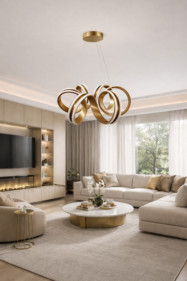 MODERN ÇİFT LEDLİ KIVRIMLI LED AVİZE ESKİTME GOLD